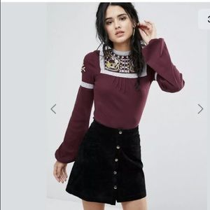 Free People Red Embellished Smocked Blouse